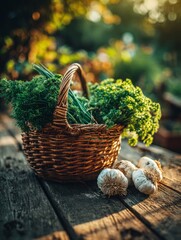 Freshly picked parsley, chives and garlic resting on rustic wooden table in a wicker basket