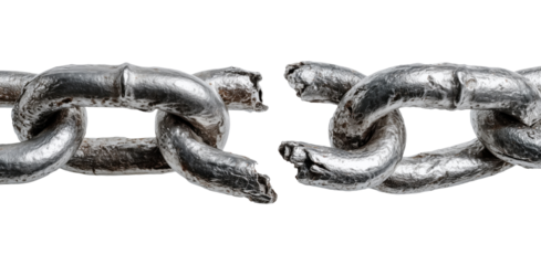 Heavy metal chain with one broken link isolated on transparent background