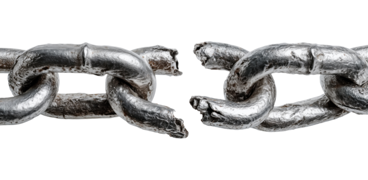 Heavy metal chain with one broken link isolated on transparent background
