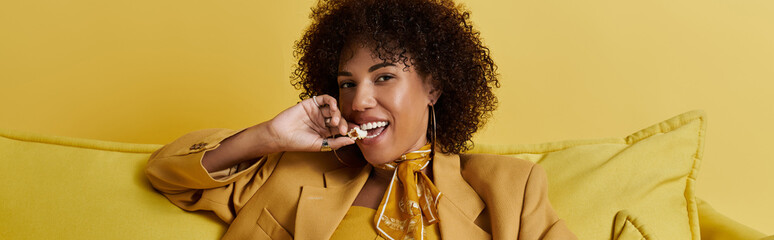 Curly woman in bright yellow outfit enjoys popcorn in vibrant studio setting