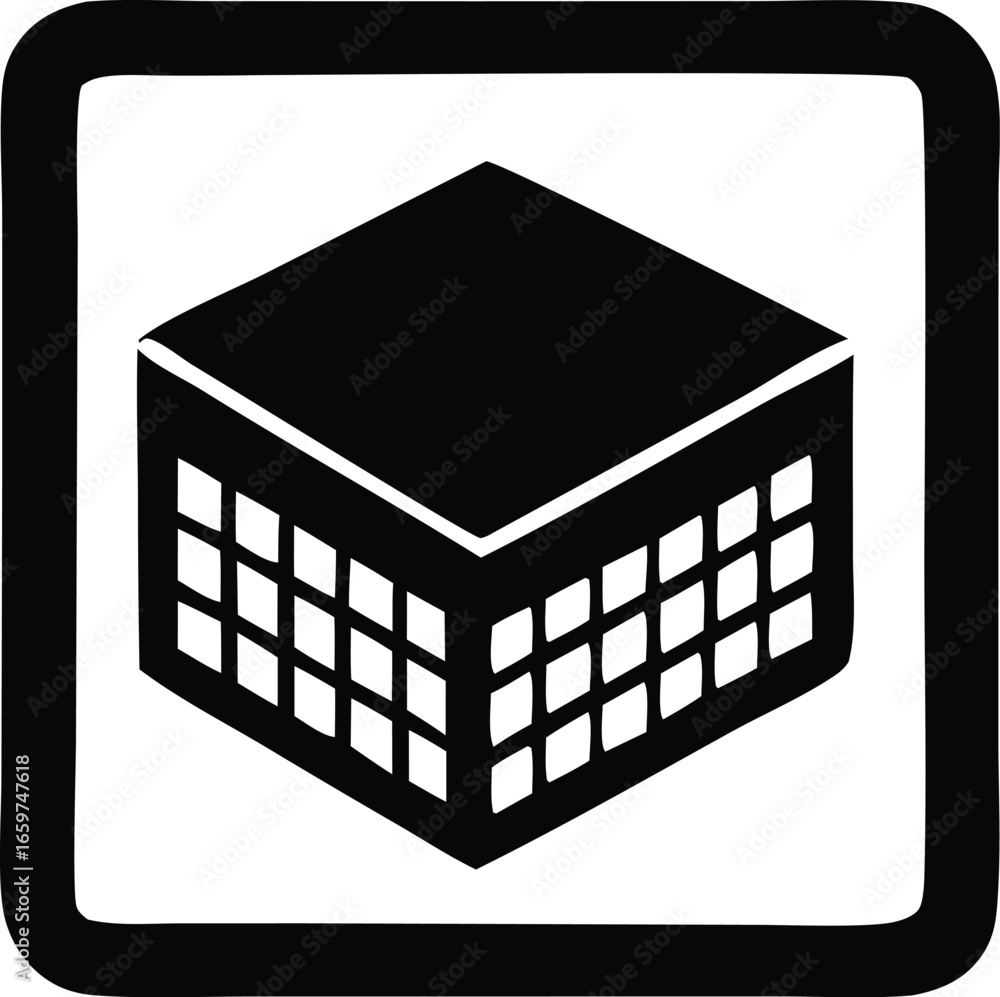 Poster simple isometric black and white building icon simple architectural block symbol abstract geometric 
