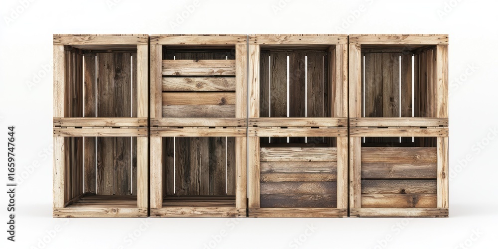 Poster a row of six weathered wooden crates is stacked vertically against a white background. the crates ar