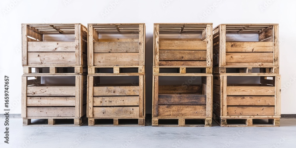 Poster four wooden crates are stacked on top of wooden pallets against a plain white wall. the crates are w