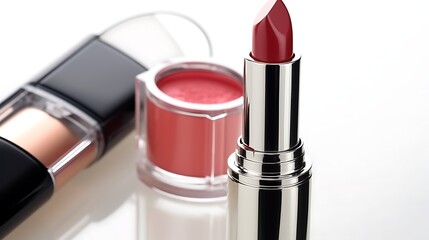 A shiny red lipstick alongside a blush compact, both casting delicate shadows on the white surface, with each product reflecting in the background light. Full frame .