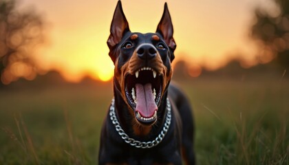 Doberman Pinscher growls outdoors at sunset with mouth open. Dog shows teeth, tongue. Animal wears chain. Nature background. Powerful pet predator demonstrates fierceness, protection, determination.