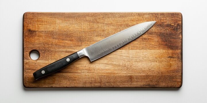 A gleaming chef's knife rests on a rustic wooden cutting board. The knife&acirc;&euro;&trade;s blade is silver and has a textured pattern. The handle is dark gray with silver accents. 