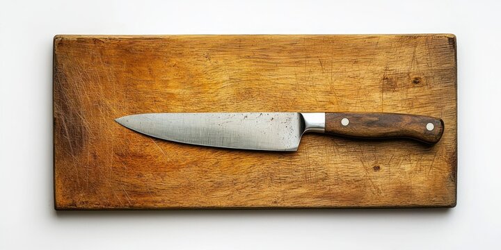 A large, sharp chef's knife rests on a weathered wooden cutting board. The knife has a silver blade and a dark brown wooden handle with a silver bolster.  - Powered by Adobe