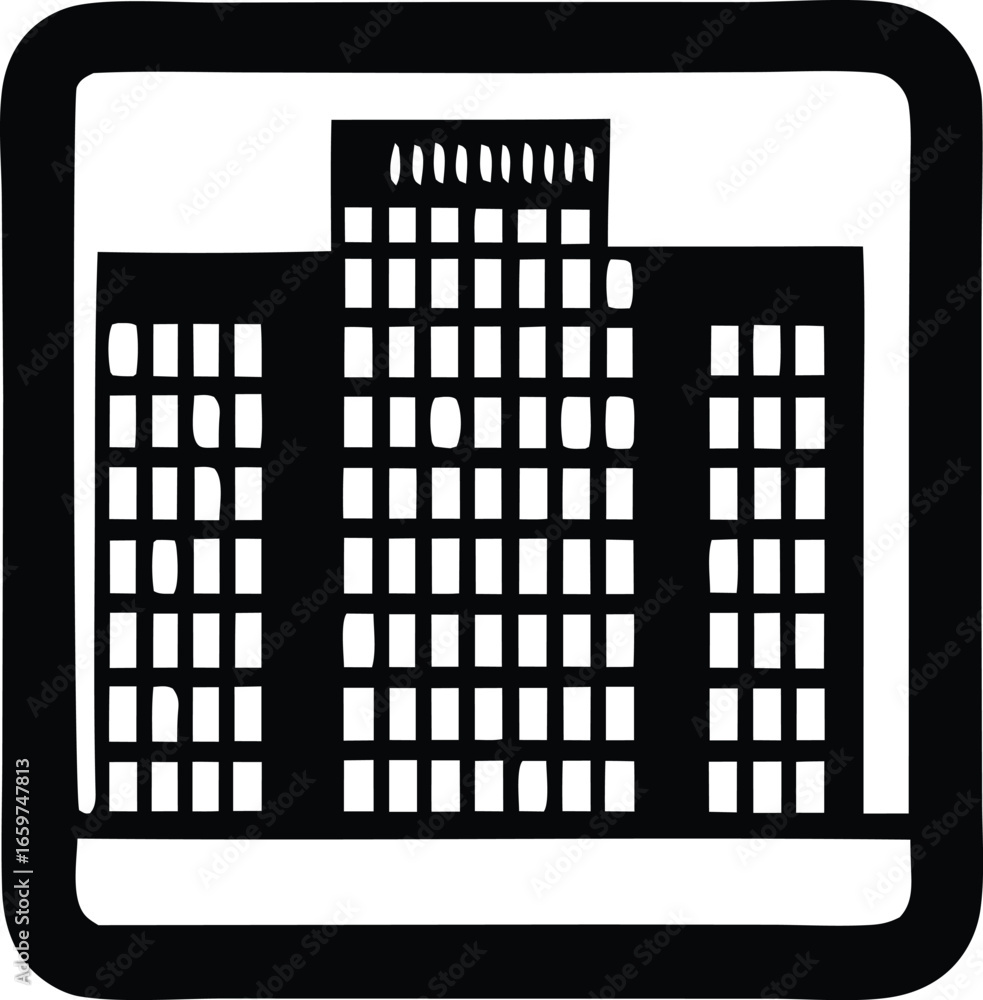 Poster iconographic representation of a modern skyscraper building complex featuring multiple floors and wi