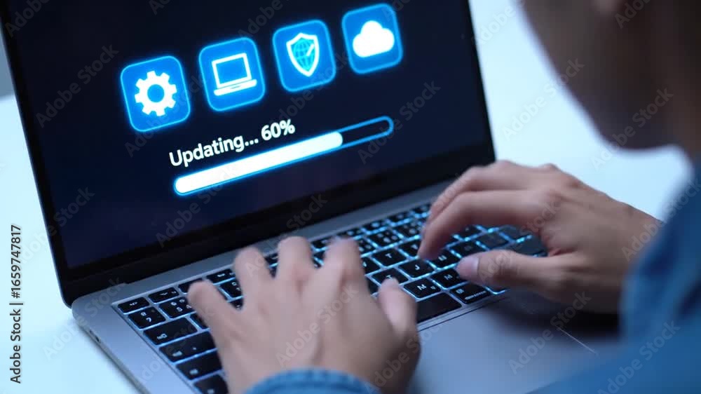 Poster close up hands updating laptop displaying progress bar and blue icons on a white table