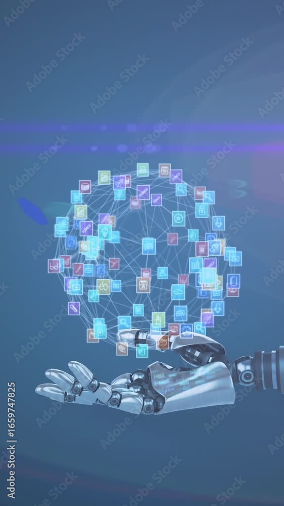 Poster animation of network of media icons over hand of robot arm, with pulsing light on dark background