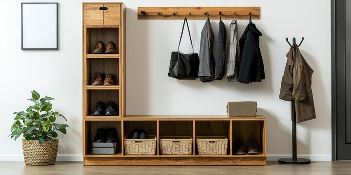 A wooden hall unit stands against a white wall in a bright interior. The unit features a combination of shelving, drawers, and a coat rack. 