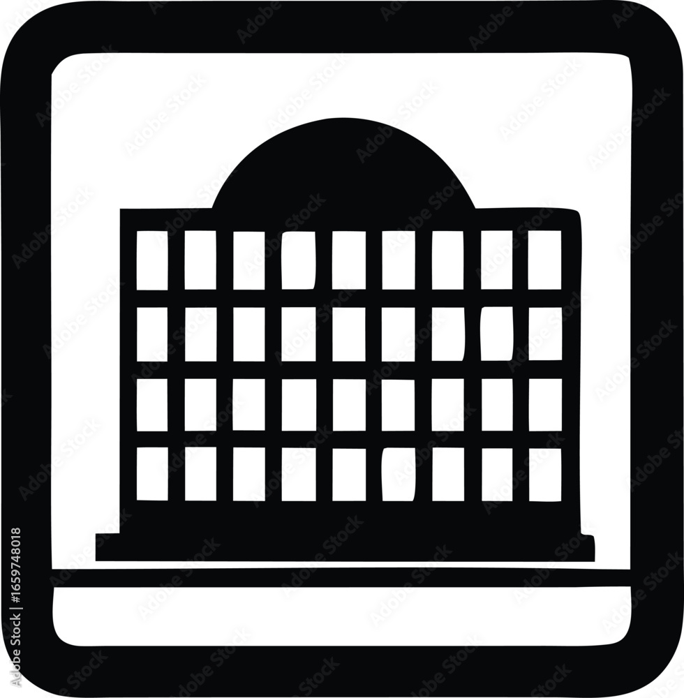 Poster stylized silhouette icon of a grid-like building structure with a curved top element presented in a 
