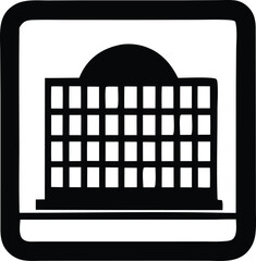 Stylized silhouette icon of a grid-like building structure with a curved top element presented in a simple square frame