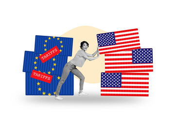 Trend artwork composite banner photo collage of european tariffs young woman stand hand hold push...