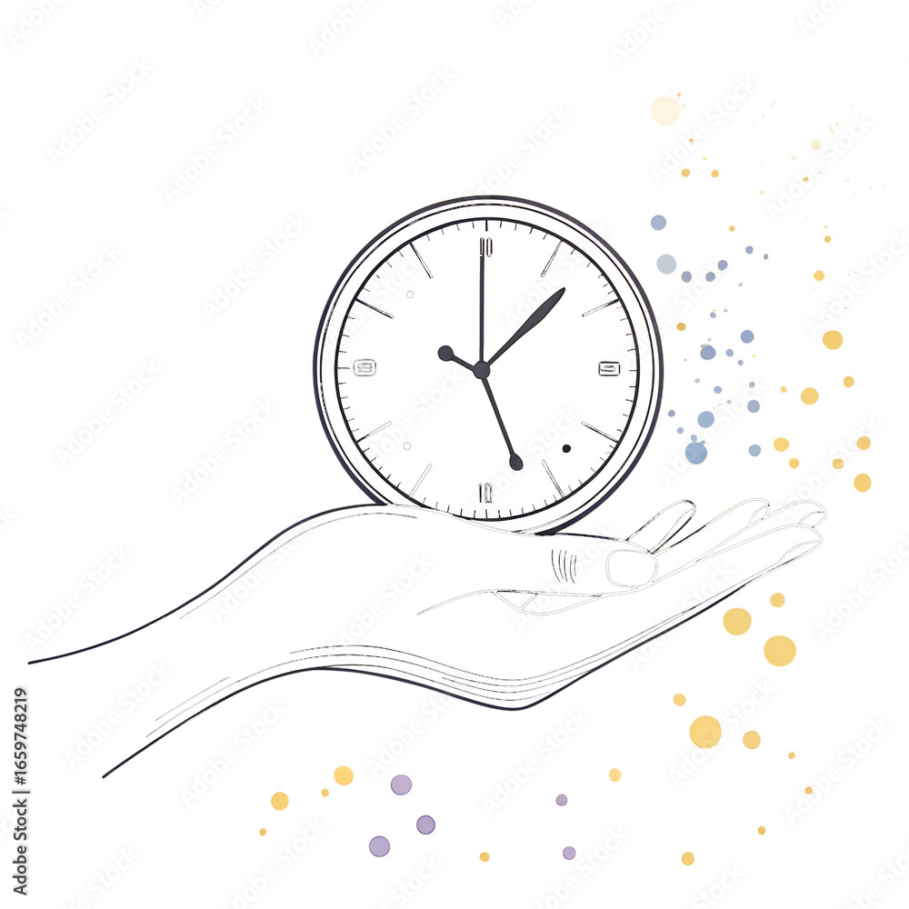 Poster stylized line art hand holding a clock with colorful particles isolated on a transparent background