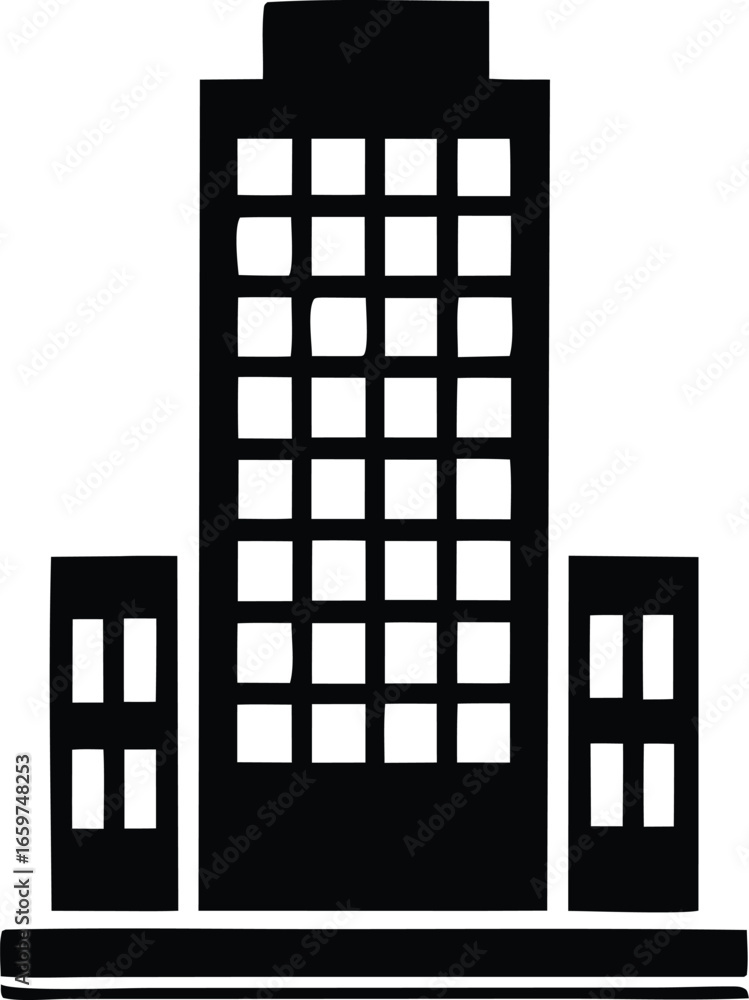 Poster sleek modern skyscraper icon with two smaller attached structures representing business architecture