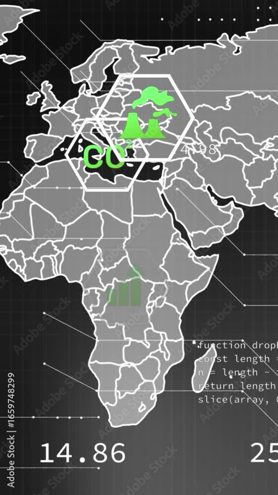 Poster animation of digital icons and data processing over world map against grey background