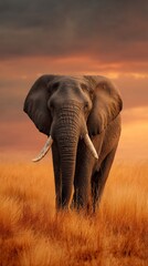 Obraz premium African elephant walking through golden savanna dramatic sunset sky nature inspired vertical mobile wallpaper and poster background