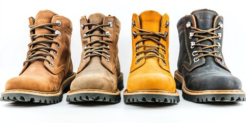 Four pairs of rugged leather boots are lined up against a white background. The boots vary in color, including a light brown, a dark brown, a yellow, and a dark gray. 