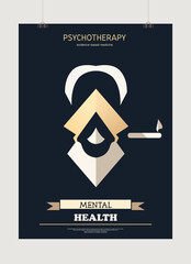 Minimalist psychotherapy and mental health awareness poster. Features a stylized geometric portrait of Sigmund Freud, symbolizing psychological therapy and counseling.