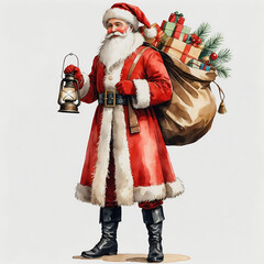 watercolor illustration of a Victorian Santa Claus with a long red coat trimmed in fur, tall black boots, carrying a large brown sack filled with wrapped gifts and toys, holding a lantern, white backg