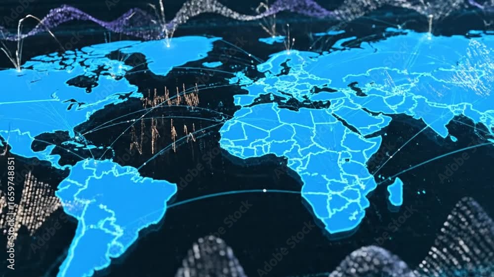 Poster digital blue world map with global connection lines and data visualization