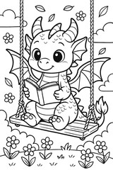Fototapeta premium Cute dragon reading a book while sitting on a swing in a field of flowers