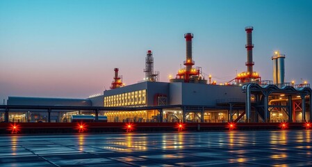 Obraz premium Industrial Power Plant At Sunset With Lights