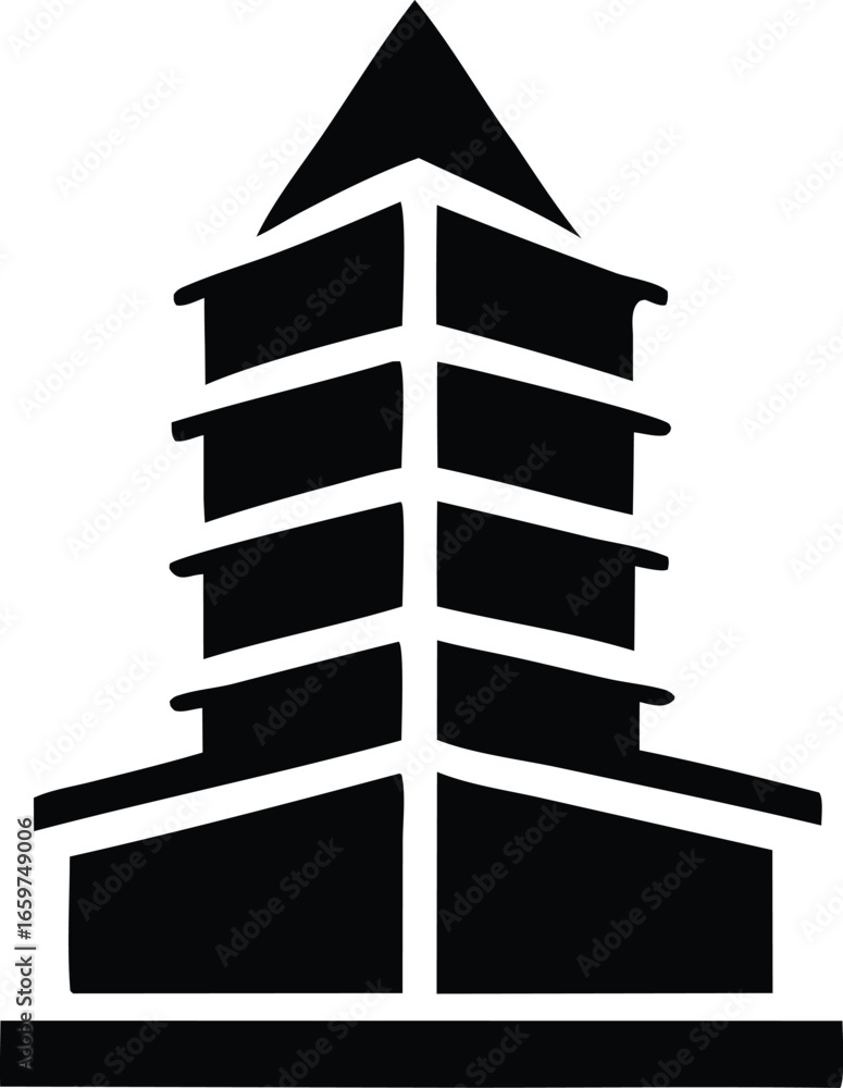 Poster modern black silhouette of a multi-story building with angular design and pointed top architectural 