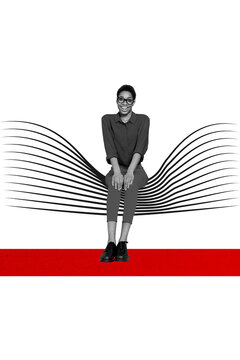 Fototapeta Template sketch trend artwork 3D photo collage of copyspace illustration young woman sit positive smile line hurdle overcome solve problem