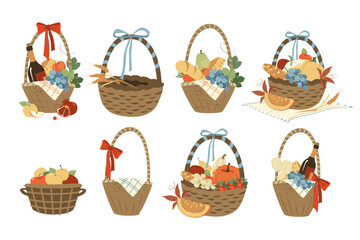 Gift Harvest Thanksgiving basket. Wicker baskets present Flat hamper with bow ribbon vector set. Illustration gift present with fruits food gifts