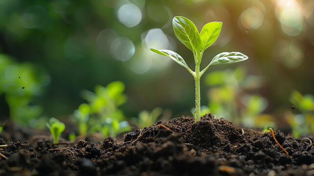 A young green sprout growing from brown soil with a blurred background. A symbol of the beginning of life.