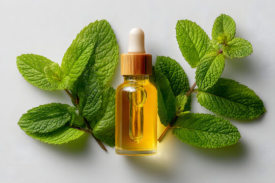 fresh mint leaves with a dropper or glass pipette containing mint essential oil. Natural extract for Health and wellness. Alternative Medicine Natural Remedy.
