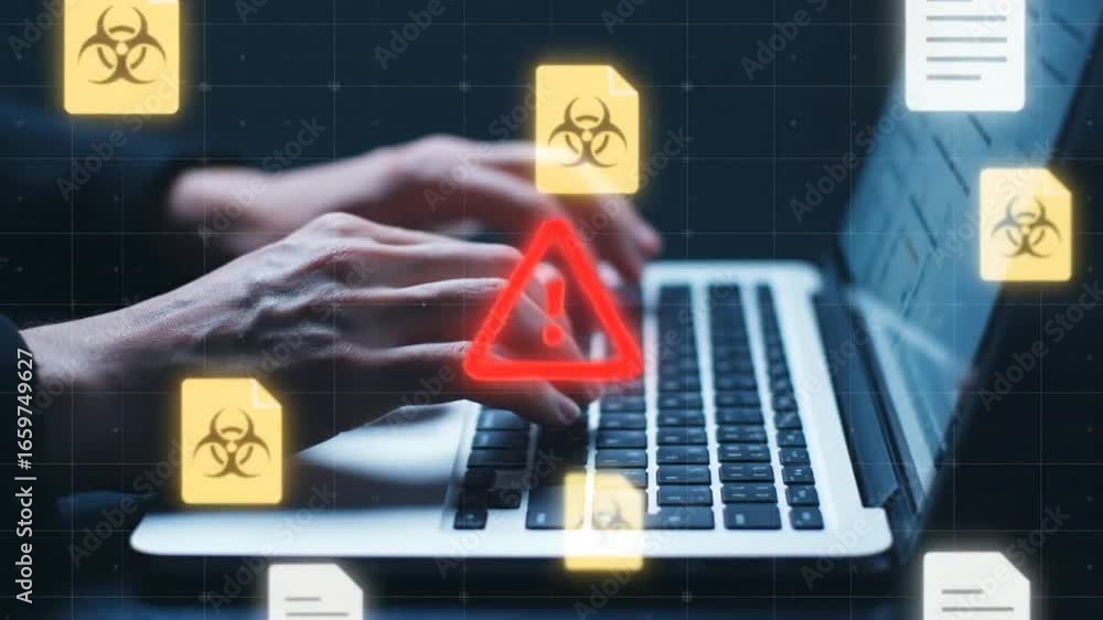 Poster hacker hands typing on laptop keyboard red warning triangle and virus alert icons
