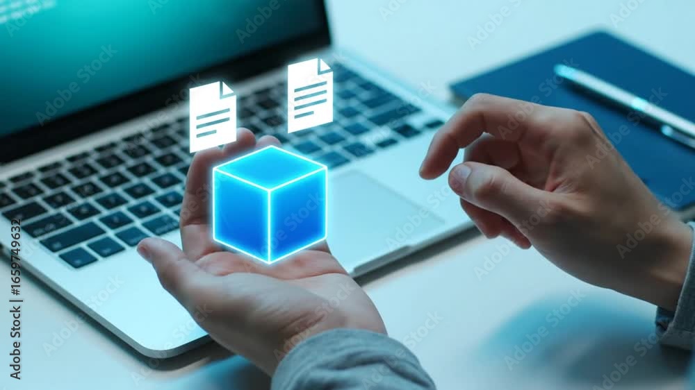 Poster hands interact with glowing cube and documents on laptop in white background