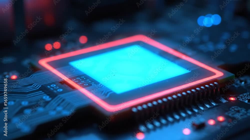 Poster illuminated microchip processor unit with red border on circuit board with blue light
