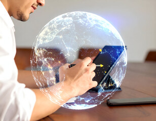 Digital Artist Using Tablet to Illustrate Blockchain Concept