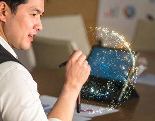 Digital Artist Drawing Concepts on Tablet with Blockchain Technology