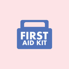 Illustration of a first aid kit with the words First Aid Kit written in blue on a pink background, a symbol of health, first aid, and emergency safety.