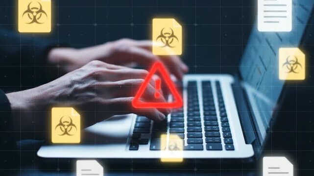 Hacker Hands Typing on Laptop Keyboard Red Warning Triangle and Virus Alert Icons