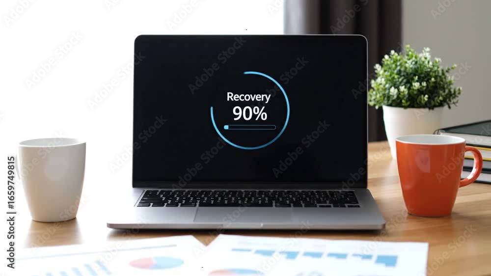 Aufkleber laptop displaying data recovery progress with mugs and charts on a wooden table