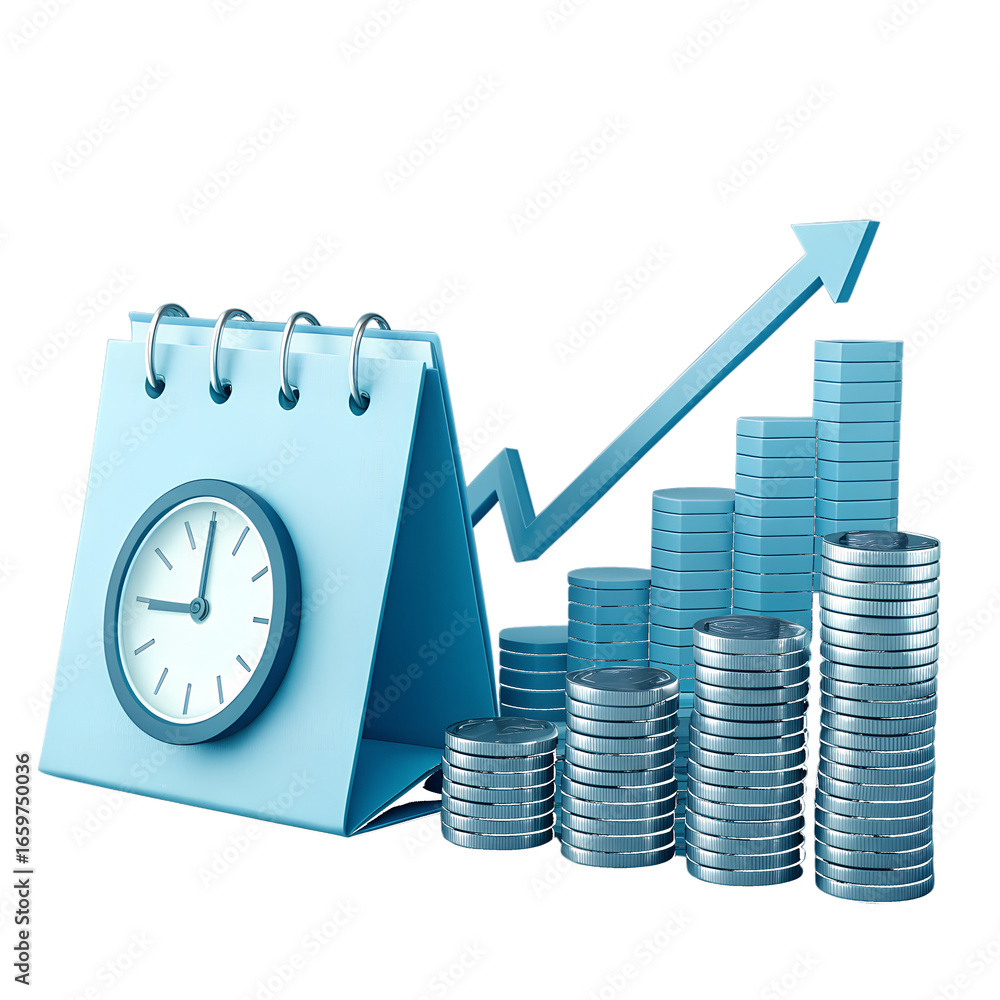 Poster 3d render of a light blue calendar with a clock and stacks of coins next to a blue growth chart arro