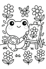 Fototapeta premium Cute frog artist painting flowers on canvas in garden coloring page style