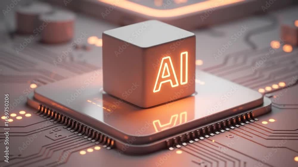 Poster orange glowing ai cube placed on a silver computer processor with circuit background