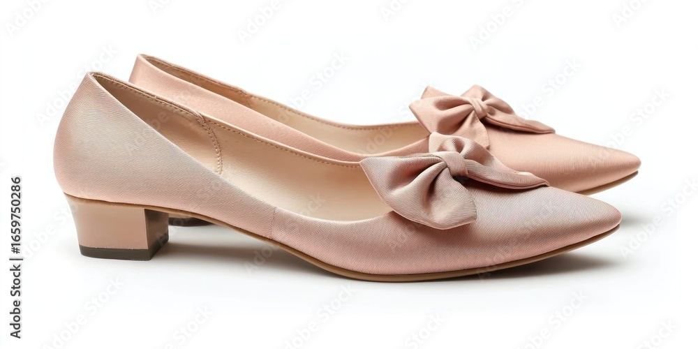 Poster a pair of elegant satin pumps with a rounded toe and a low block heel. the shoes are a blush pink co