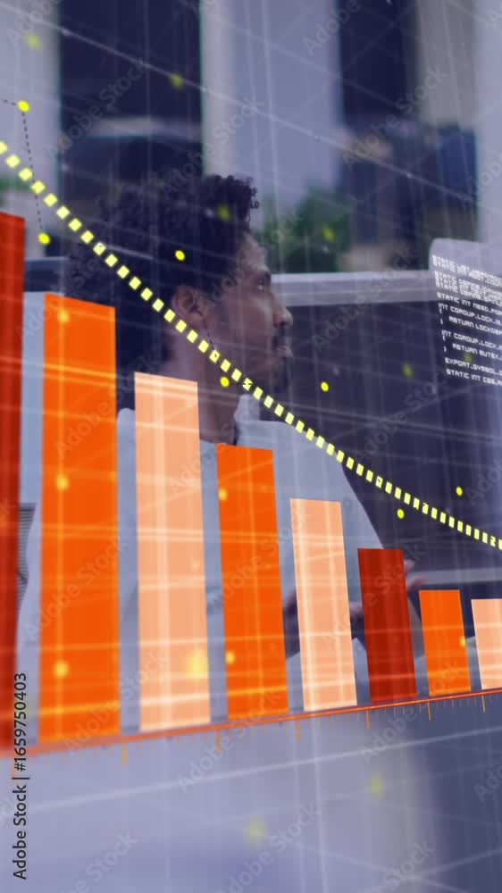Poster animation of arrow on graph and computer language, diverse coworkers discussing while eating food