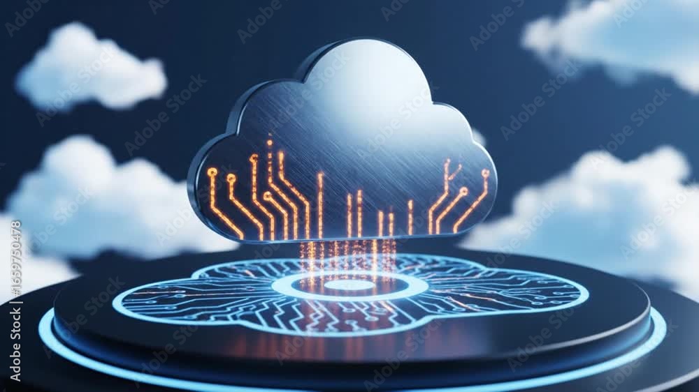 Poster silver cloud icon above blue circuitry platform with glowing lines and soft clouds