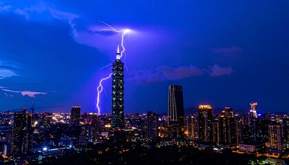 Fototapeta premium Skyscrapers illuminated by a powerful lightning strike at night