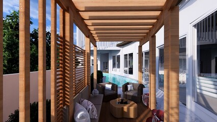 Pergola in a clean house. Modelled in Revit 2025 and rendered in Lumion 2023.