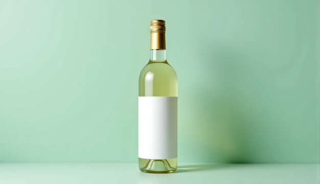 Elegant white wine bottle with blank label for branding and design on pastel green background with copy space for beverage and culinary events